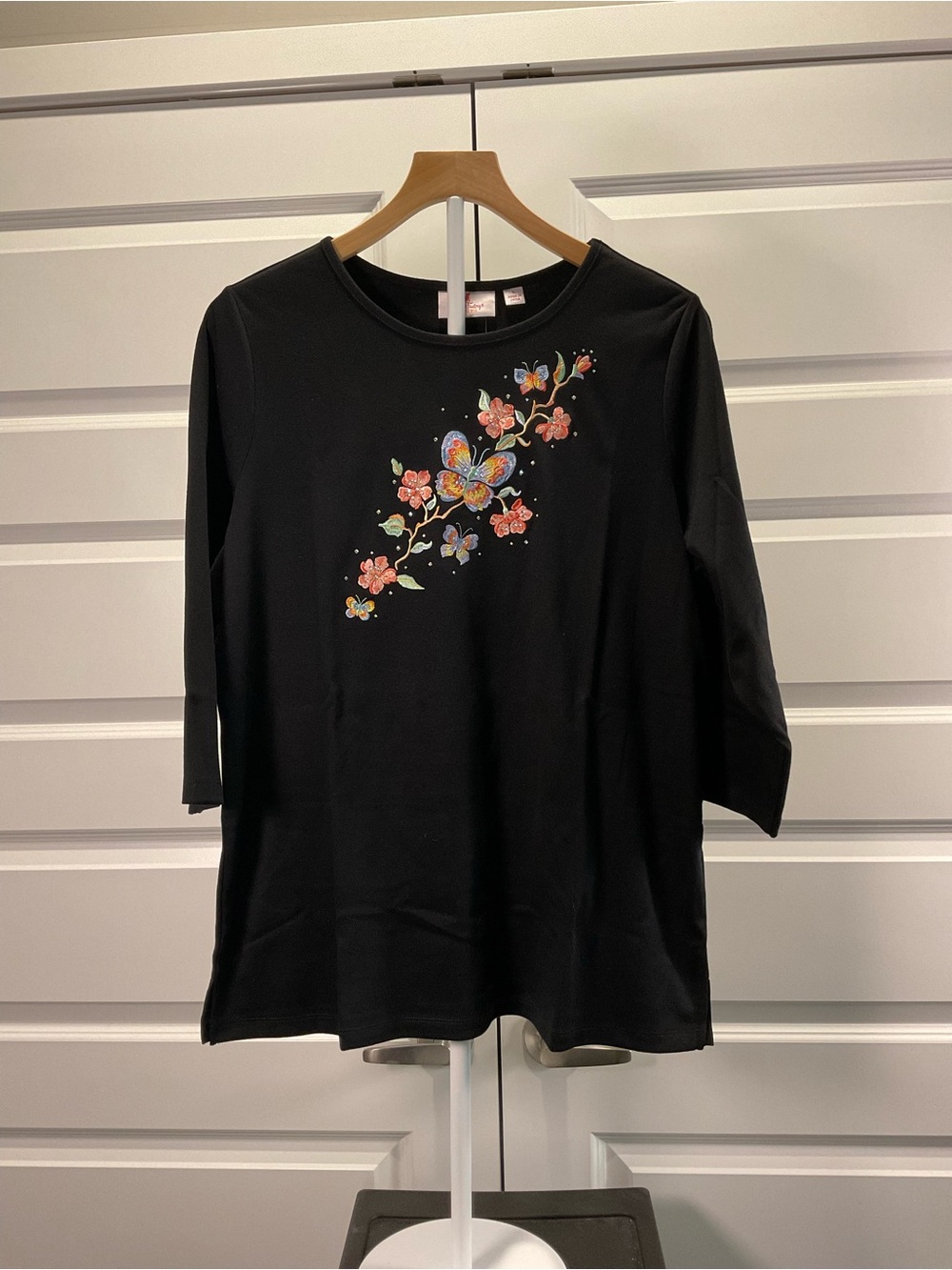 Black Floral Butterfly Embroidered Women's Top